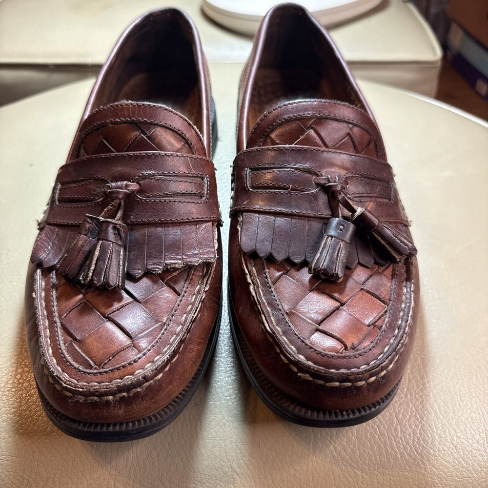 Vintage 90s Brown Hush Puppies Lancer Woven Leather Tassel‎ Loafers 11 - Picture 2 of 11